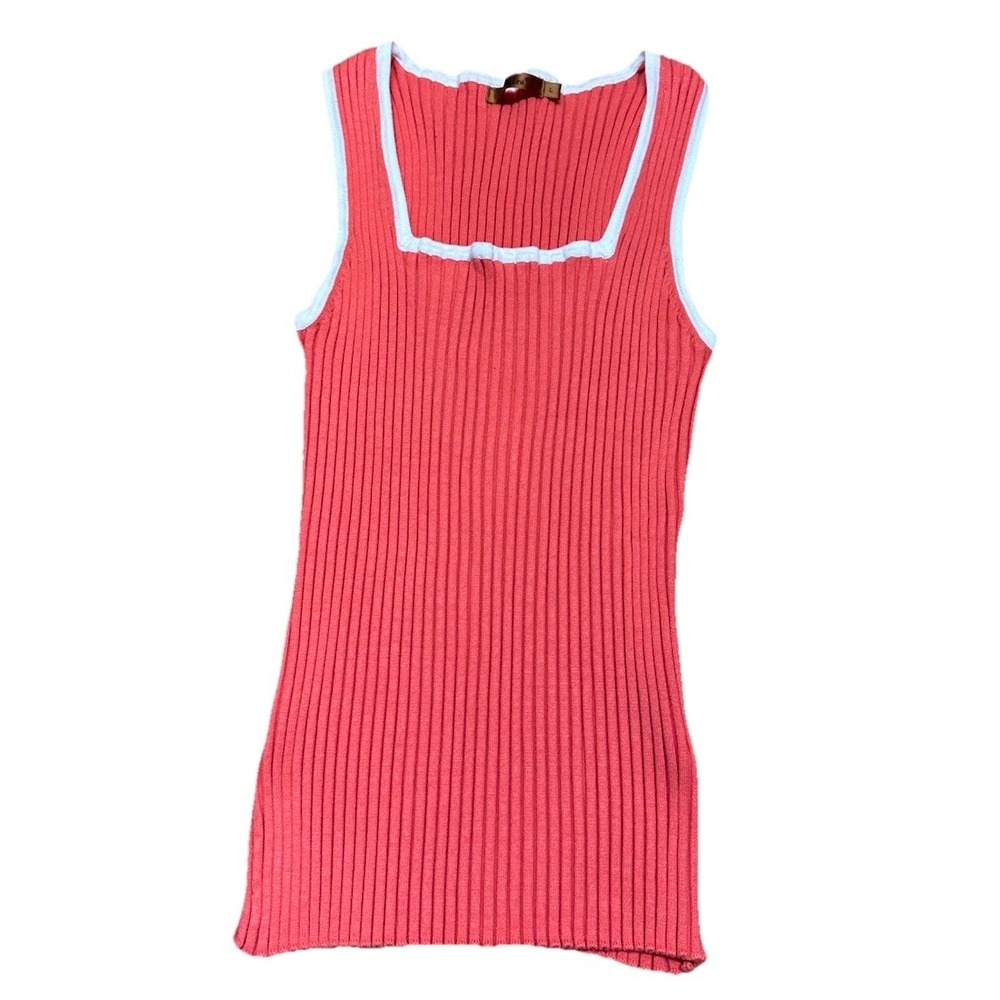 Y2K Belldini Pink White Ribbed Scrunch Square Neck Wide Strap Tank‎ Top Womens L